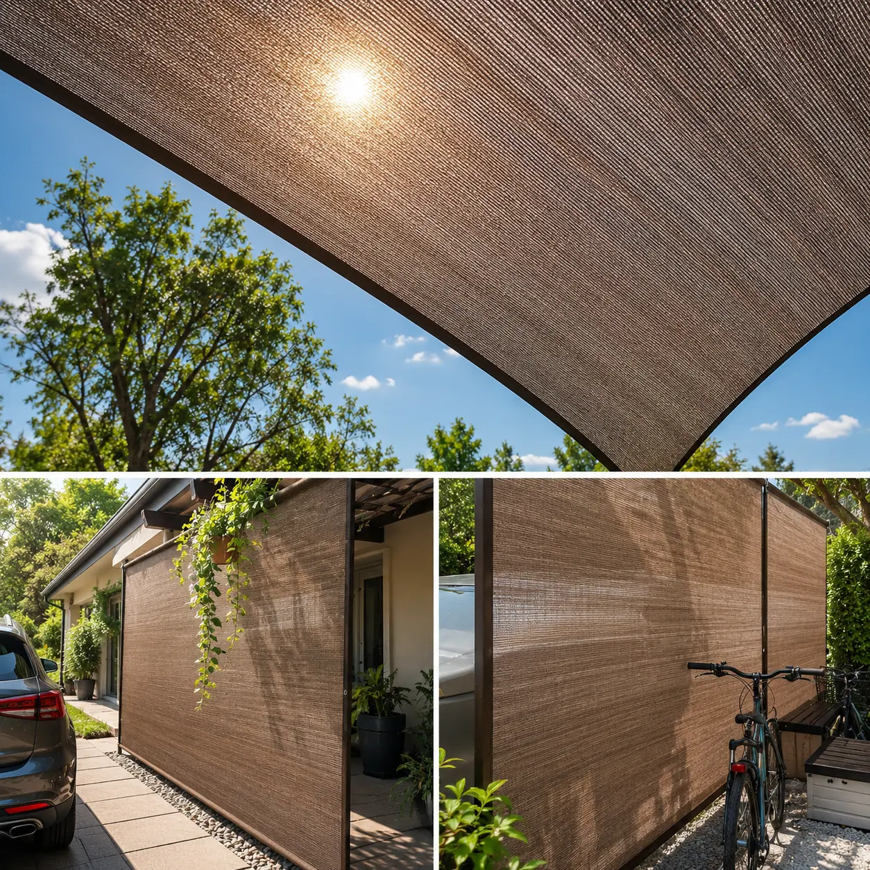 Filet d’ombrage mesh créant une lumière filtrée sur des espaces extérieurs